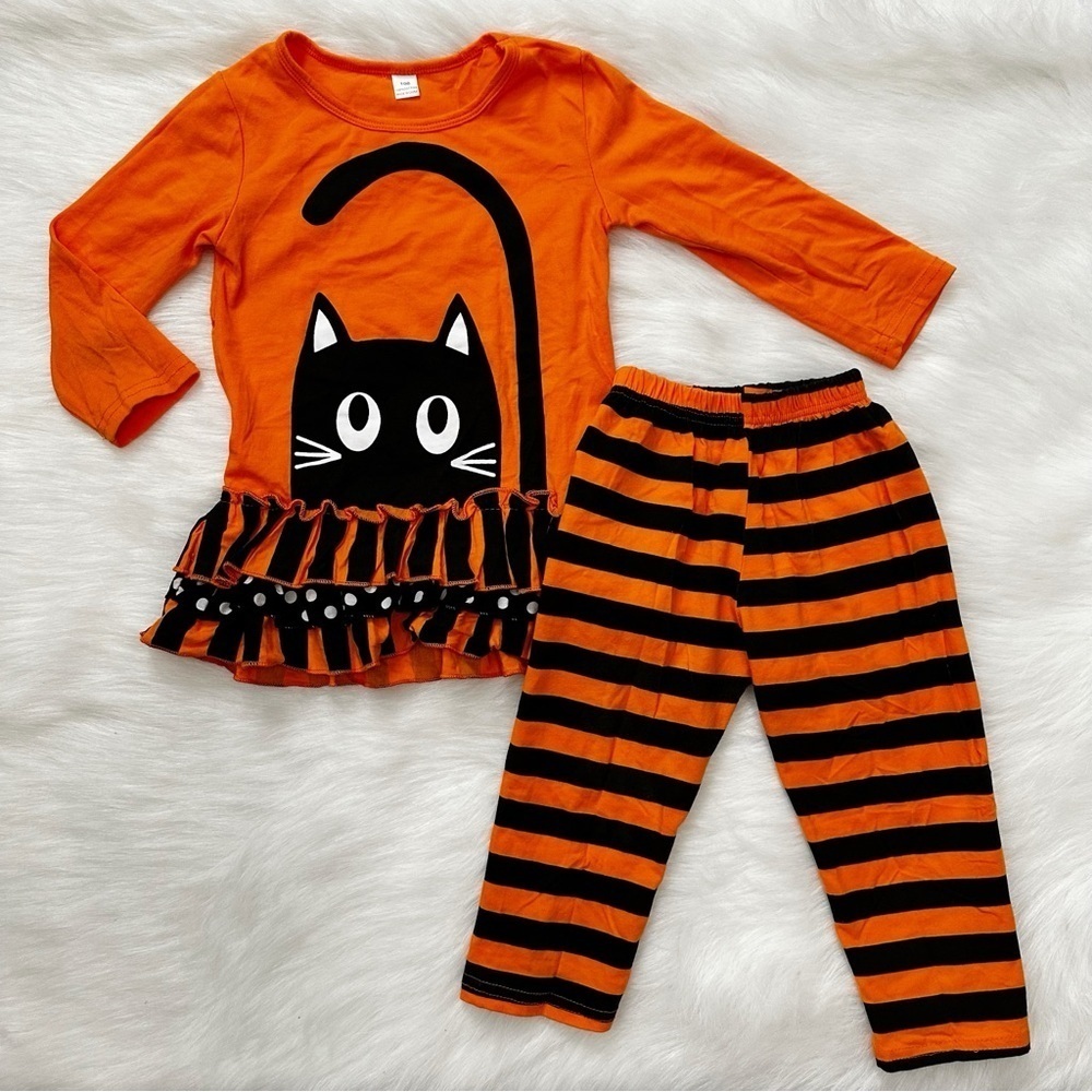 Girls Toddler Size 4T Orange Black Cat Halloween Outfit